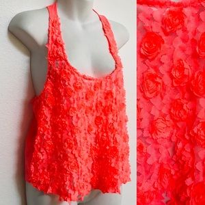 NEON Day-Glo CORAL Ribbon ROSE Lace TOP L
